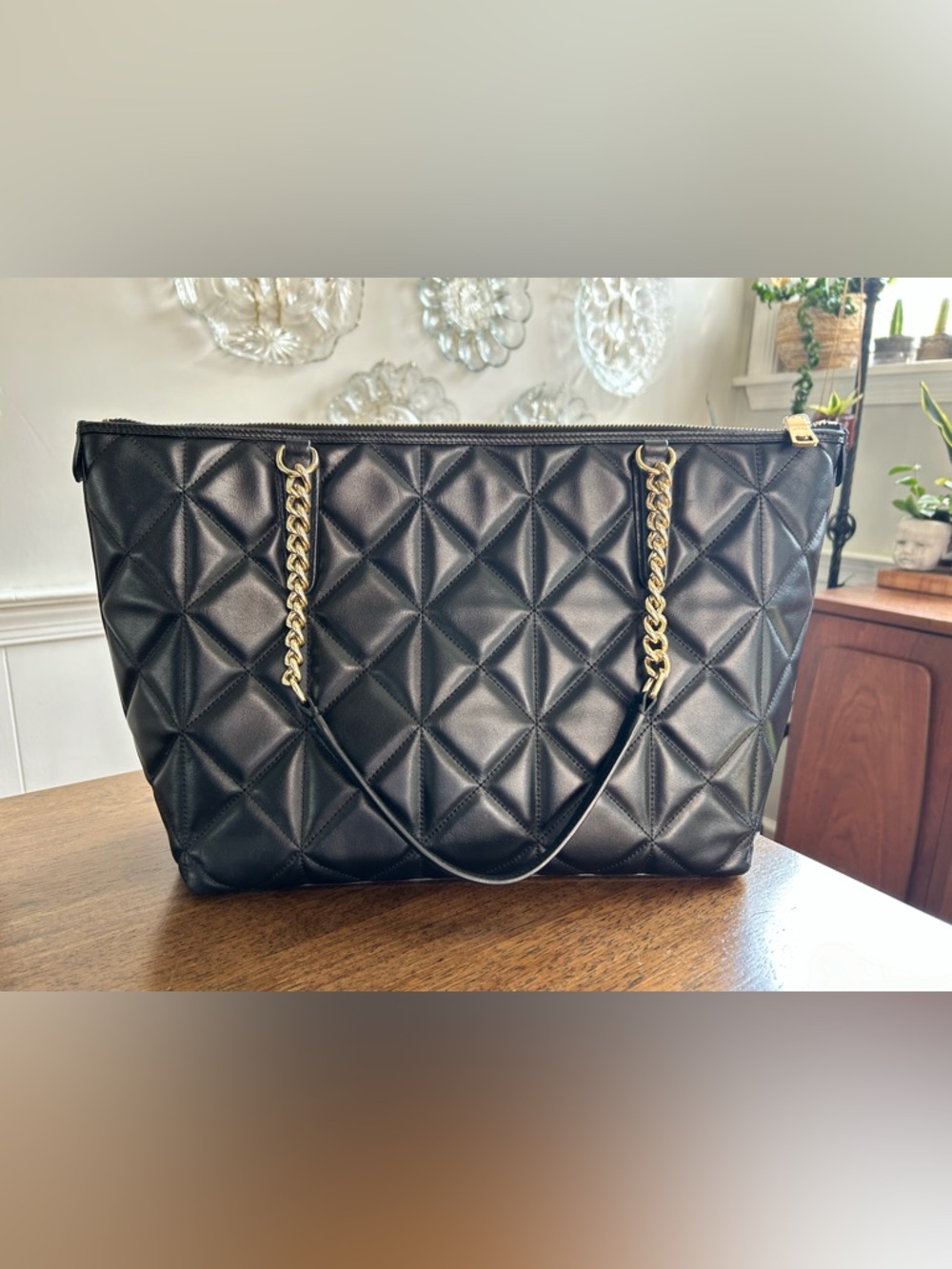 COACH Ava Quilted Leather Tote Black with Gold Chain Straps - Picture 4 of 12